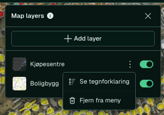 Menyen for et aktivt lag med Se tegnforklaring og Fjern fra meny