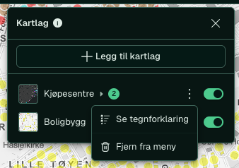Menyen for et aktivt lag med Se tegnforklaring og Fjern fra meny