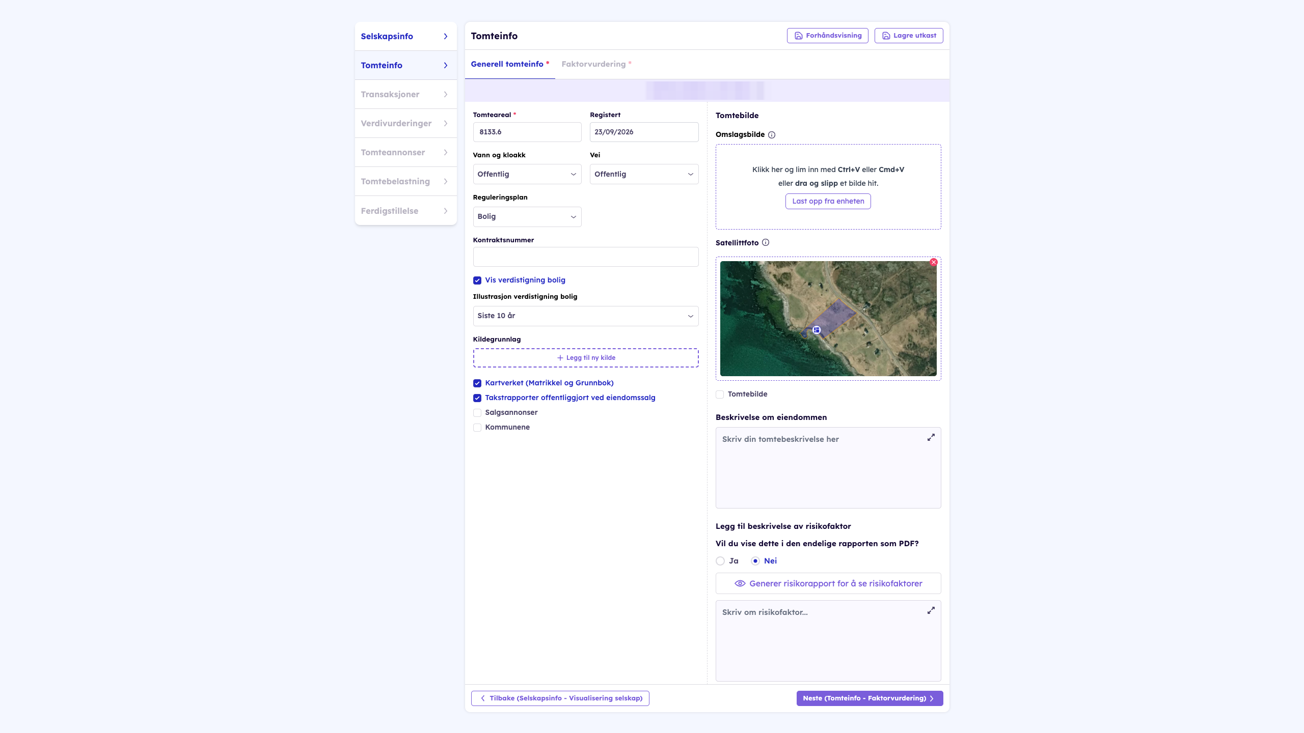 Tomteinfo: tomteareal, vann og kloakk, vei, reguleringsplan, kildegrunnlag, omslagsbilde, satellittfoto og beskrivelse