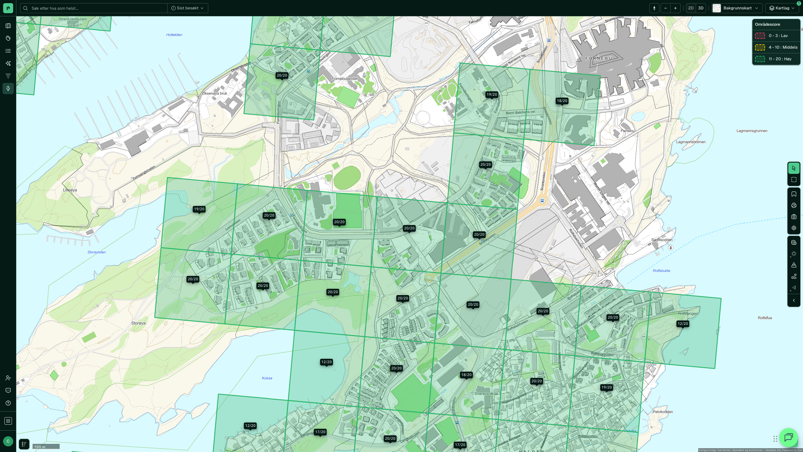 Områdescore over Fornebu: rutenett med poengsum per rute og tegnforklaring