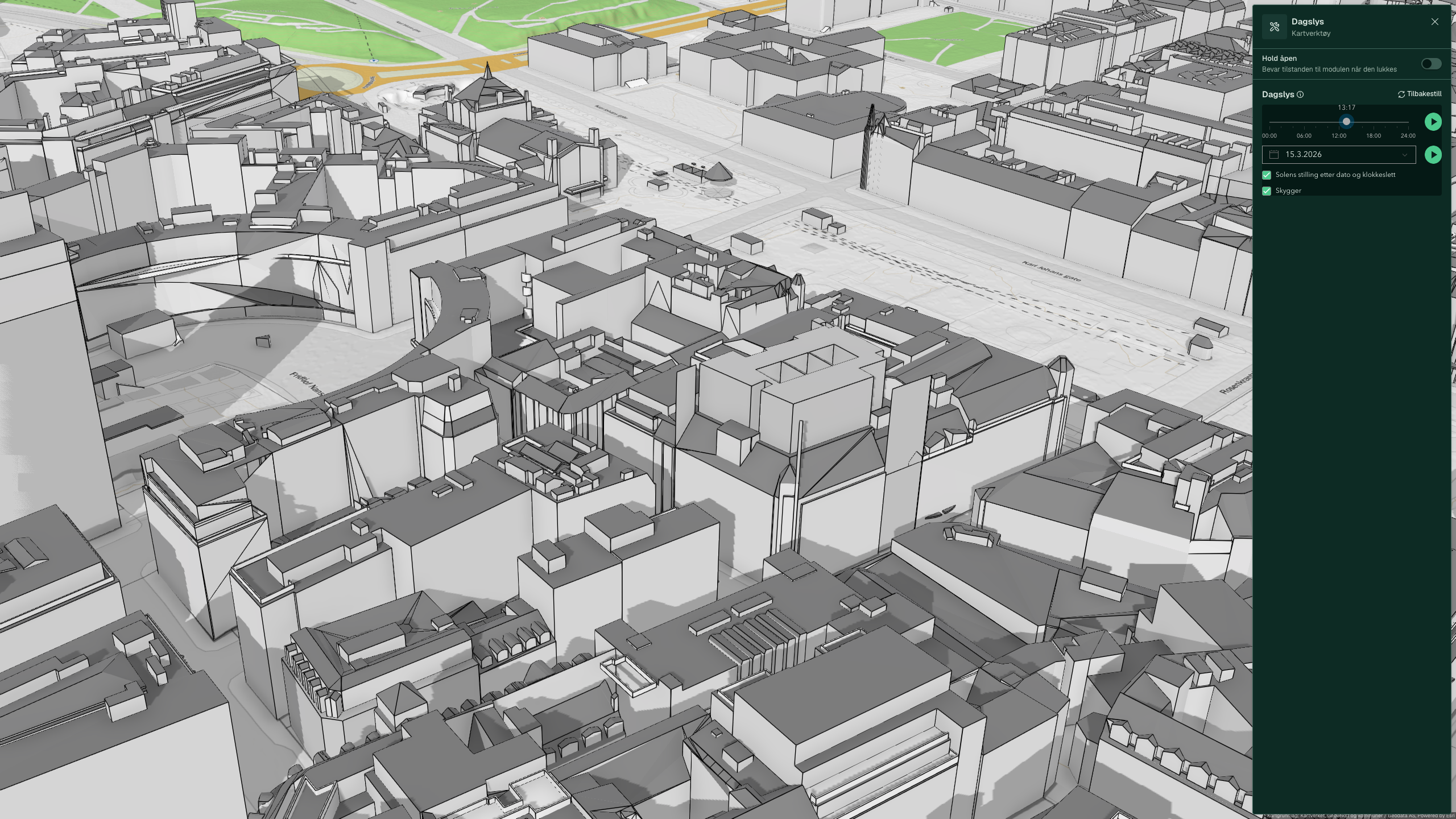 Dagslys-analyse på et bygg i 3D, med tidsslider og datovelger i panelet