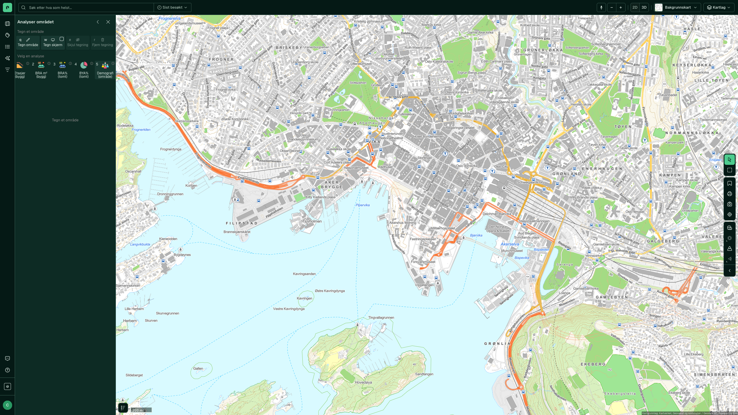 Analyser området-panelet med Demografi (område) valgt, for et tegnet areal over Oslo sentrum