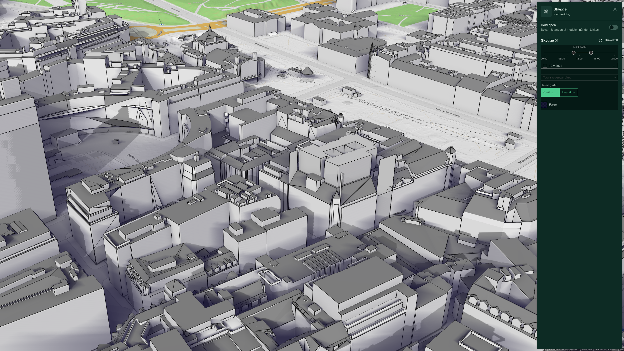Skygge-analyse i 3D med akkumulert skygge mellom klokken 10 og 16