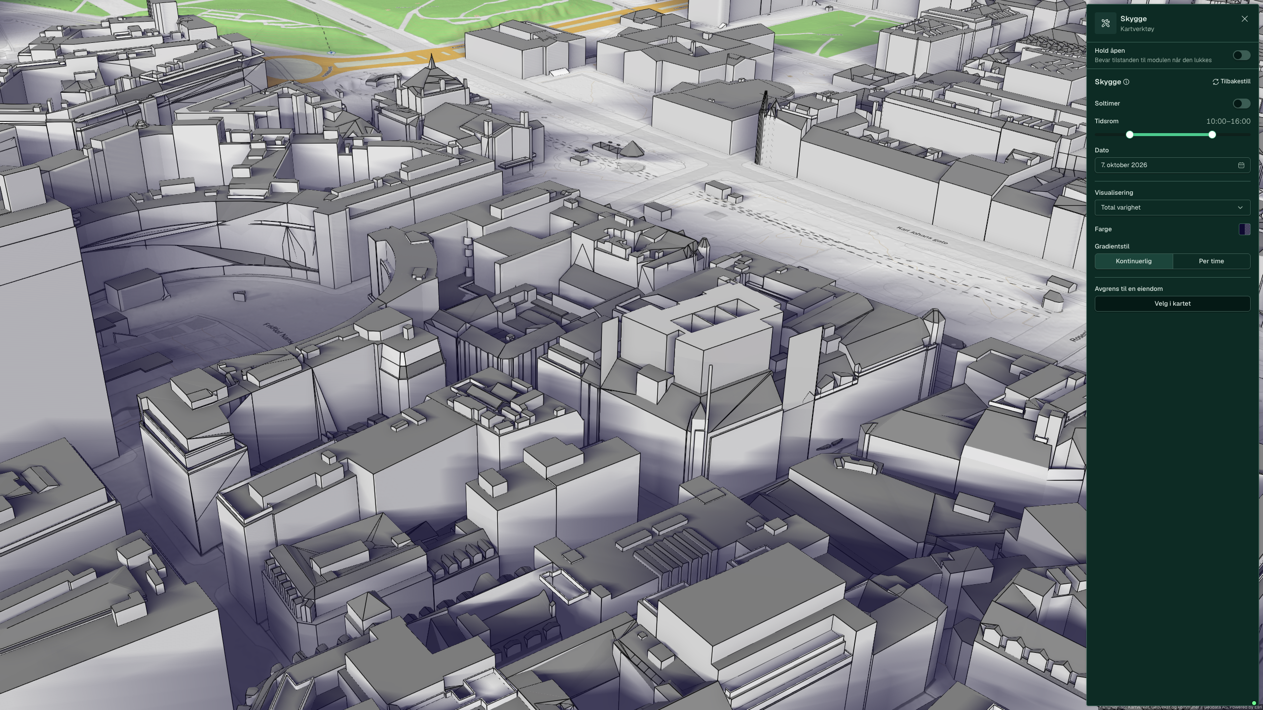 Skygge-panelet i 3D med tidsvindu 10:00 til 16:00, valg for soltimer, visualisering, farge og avgrensning til én eiendom