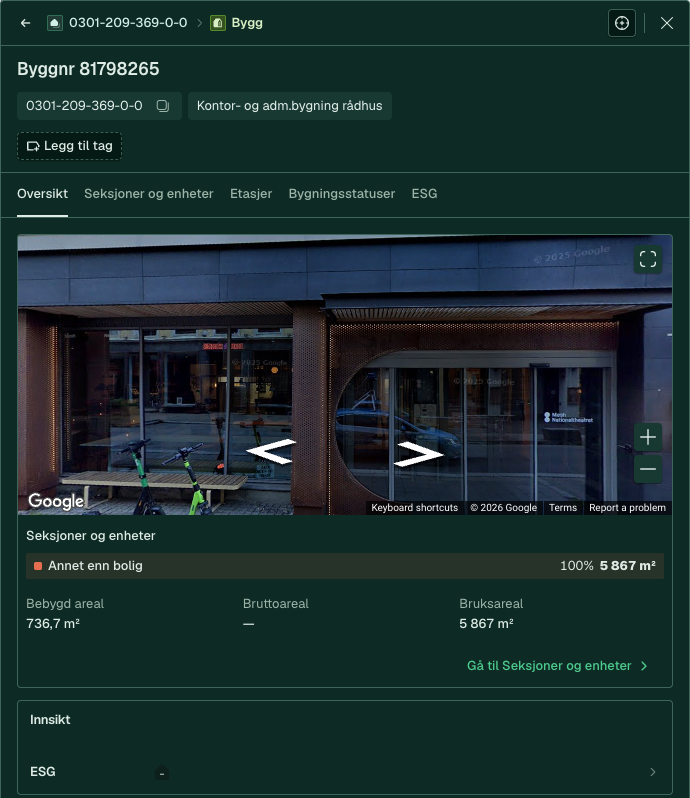 Bygningspanel: Oversikt for et kontorbygg