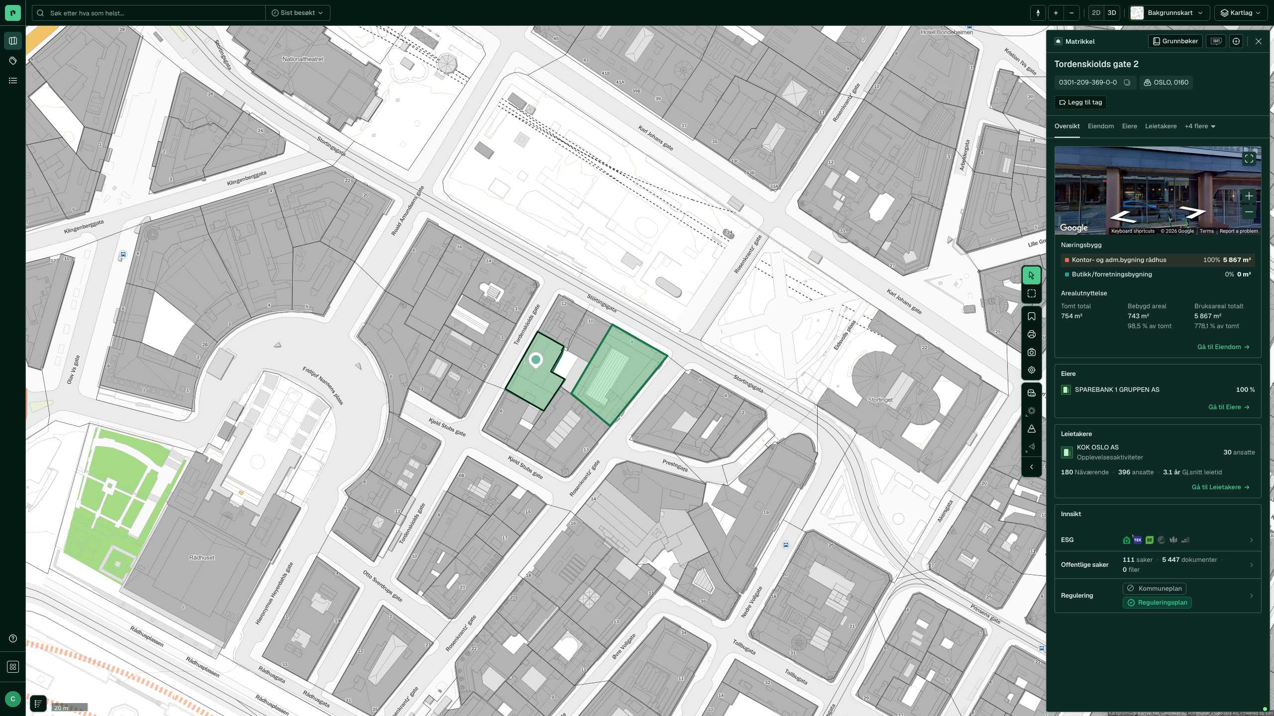 Eiendomspanelet åpent for en eiendom i 2D-visning