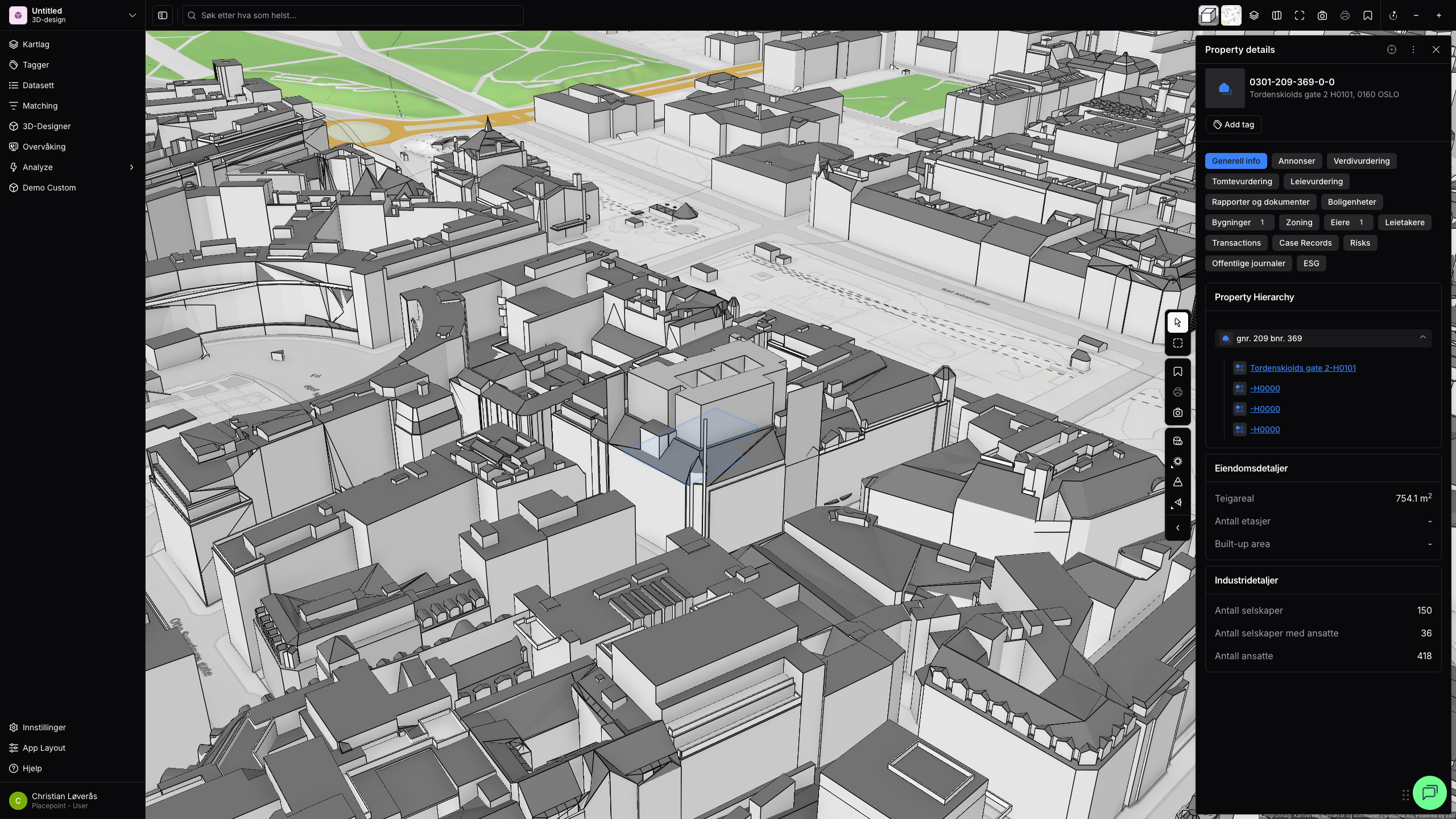 Tordenskiolds gate i 3D med kartlag-katalog åpent