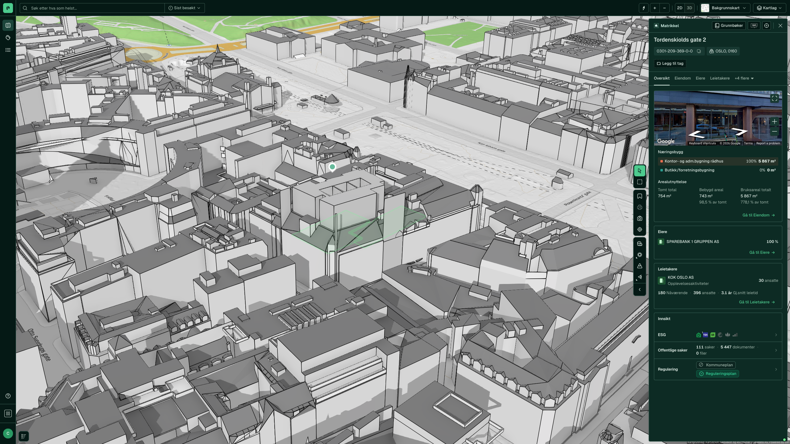 Tordenskiolds gate i 3D med 3D-bygningsmodell lastet