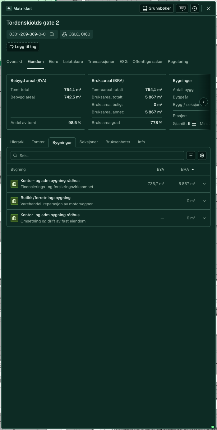 Eiendomspanel med Bygg-fanen åpen