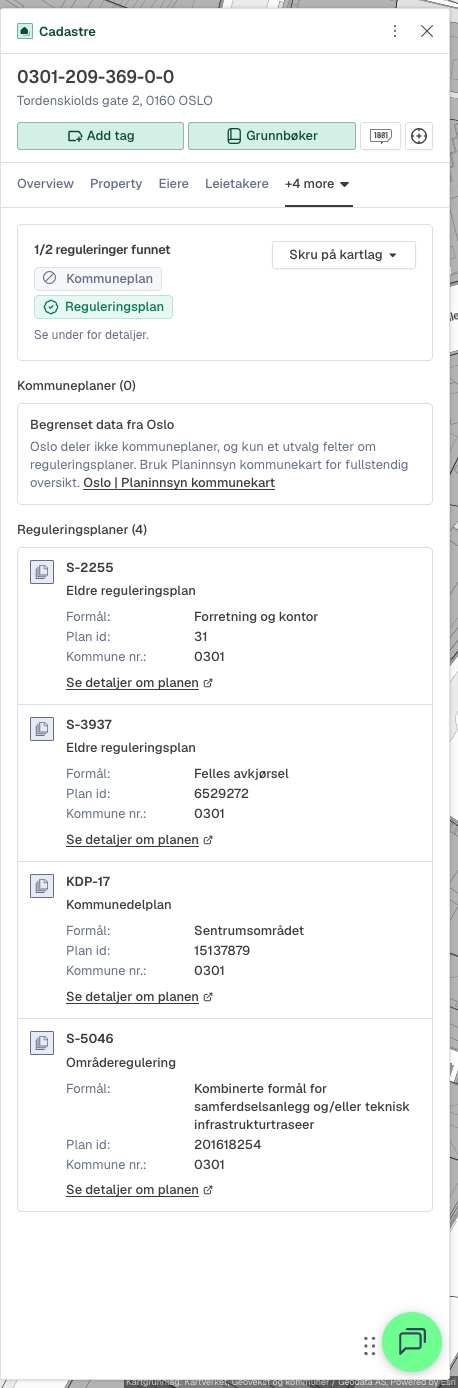 Eiendomspanel - Regulering-fanen