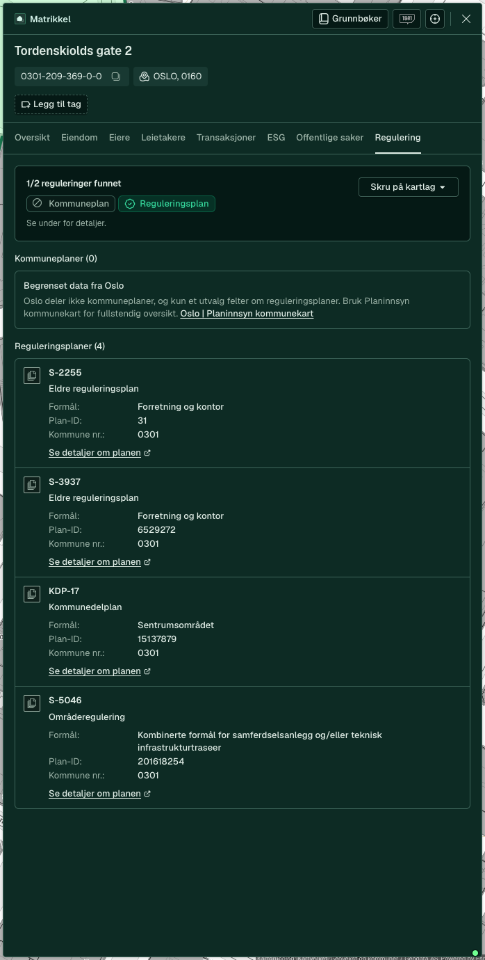 Regulering-fanen i eiendomspanelet, med kommuneplan og reguleringsplan, formål og lenke til plandokumentet