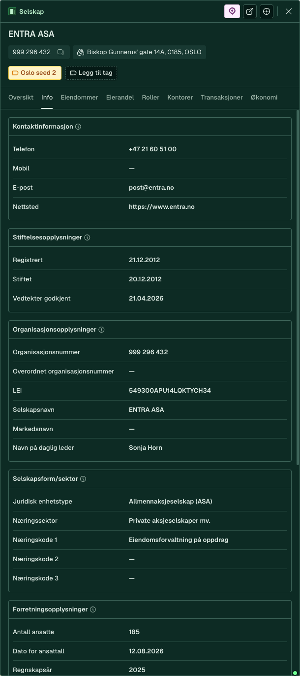 Selskapspanel: Info (Entra ASA)