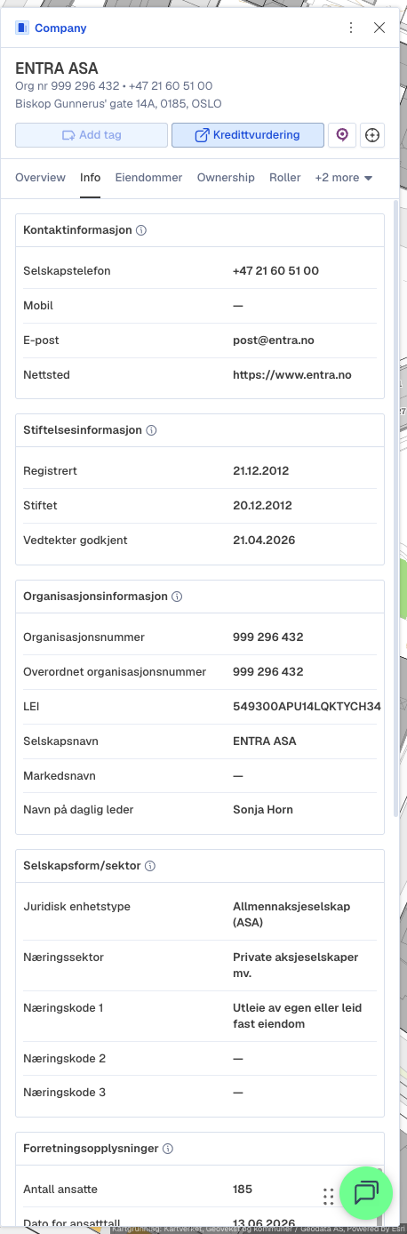 Selskapspanel: Info (Entra ASA)