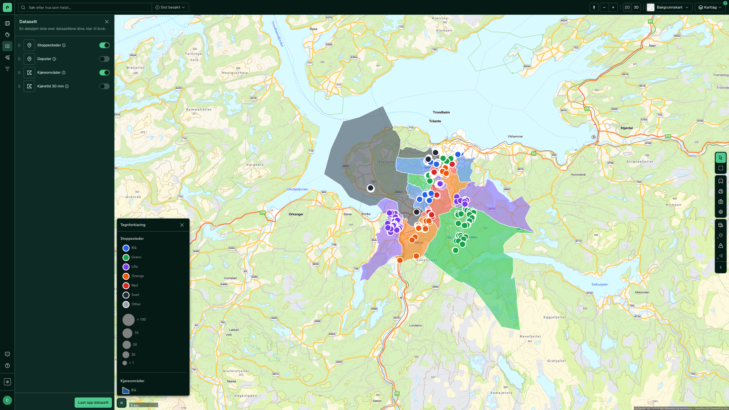 Stoppesteder og kjøreområder rundt Trondheim, fargelagt per rute, med tegnforklaringen åpen