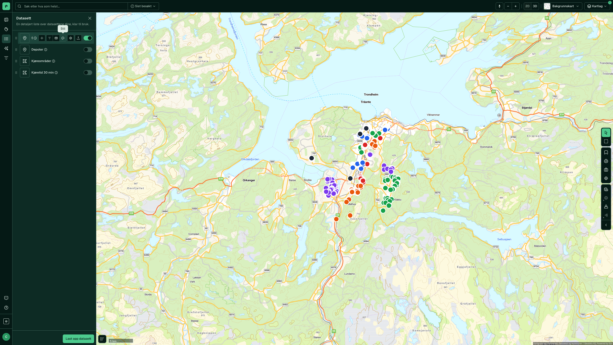 Datasett-panelet med verktøyraden for handlinger på en rad