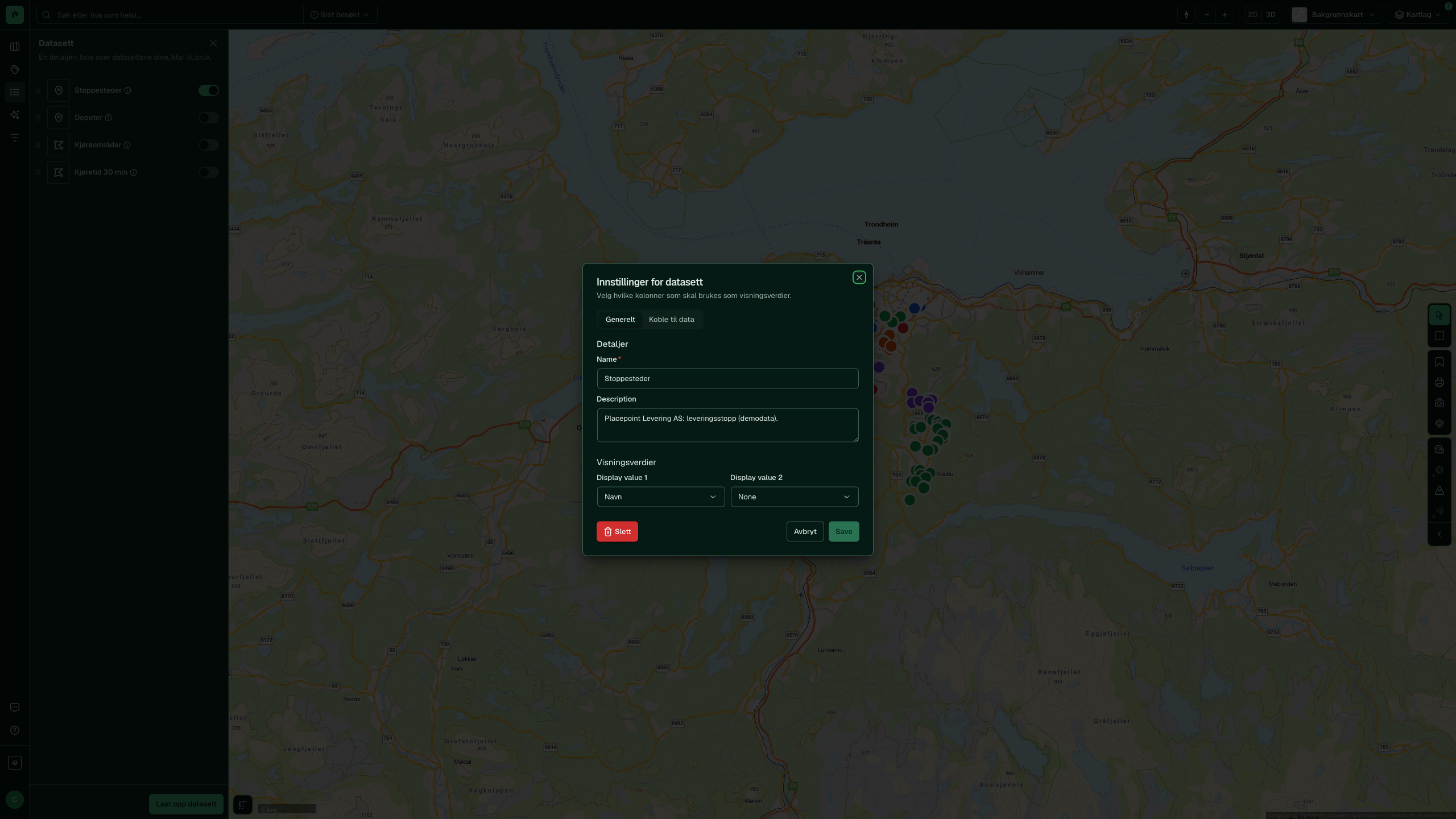 Innstillinger for datasett, fanen Generelt, med navn, beskrivelse og visningsverdier