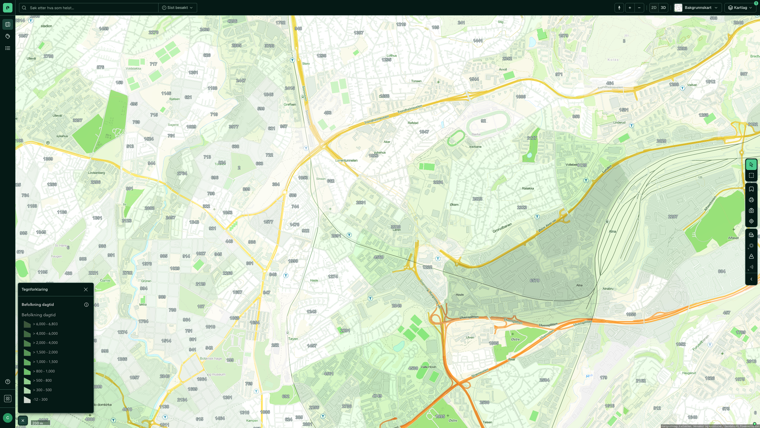 Befolkning dagtid per grunnkrets rundt Løren i Oslo, med tegnforklaring fra 300-800 til over 6 000 personer
