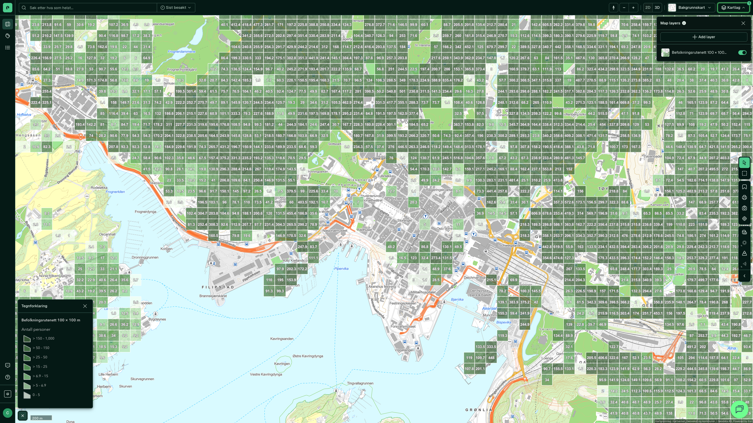 Befolkningsrutenett 100 × 100 m i Placepoint