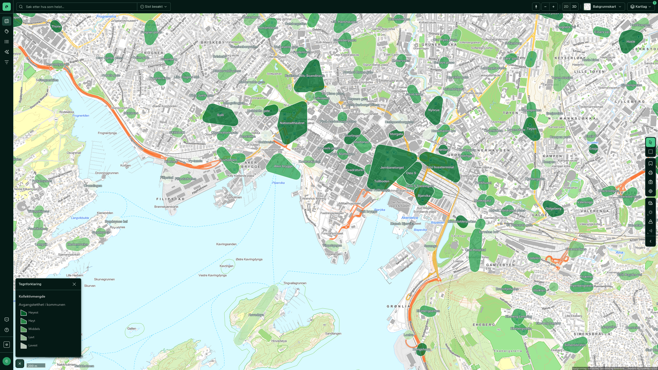 Kollektivmengde rundt Oslo sentrum, med holdeplassene vektet etter antall avganger