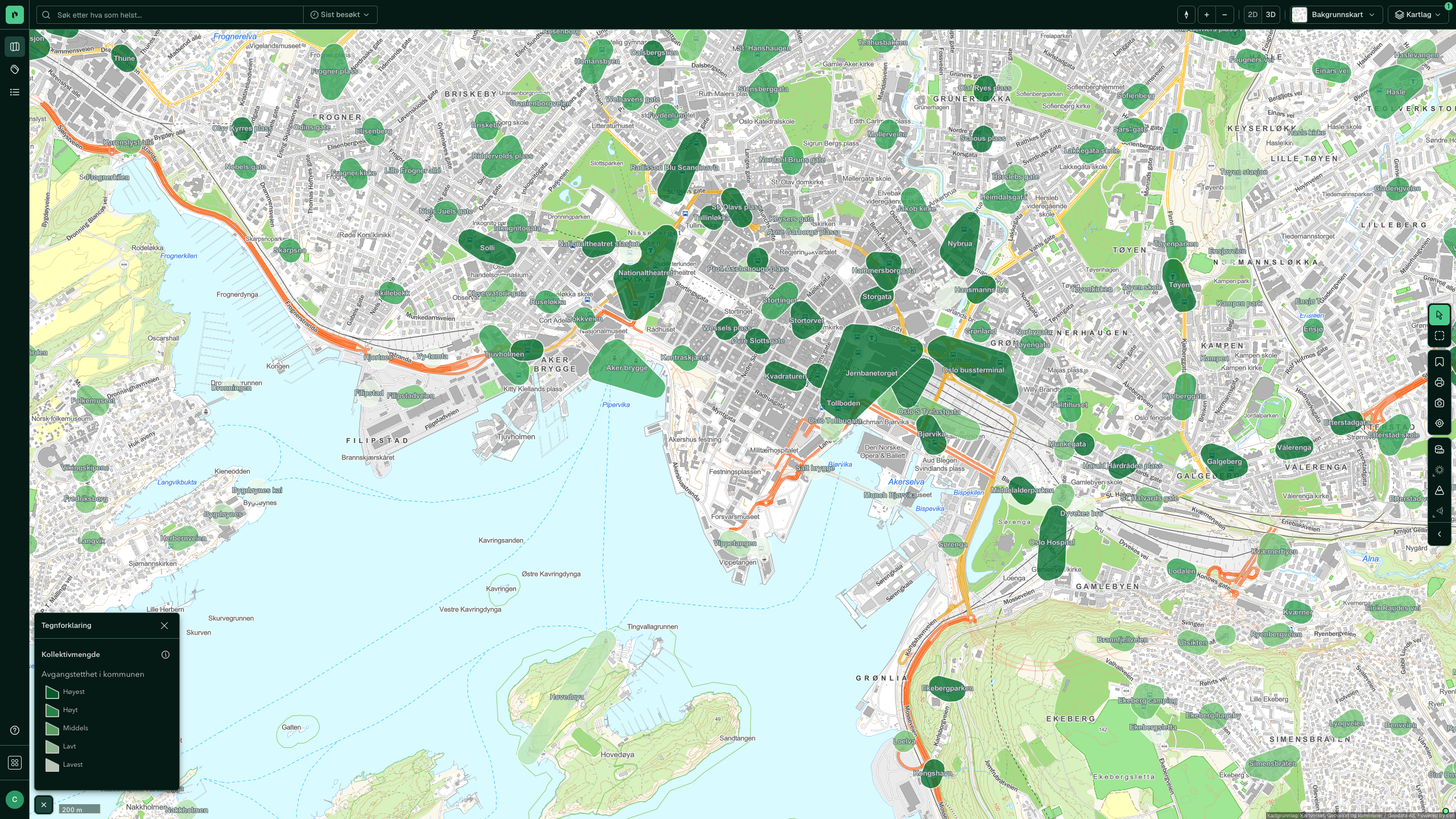 Kollektivmengde rundt Oslo sentrum, med holdeplassene vektet etter antall avganger