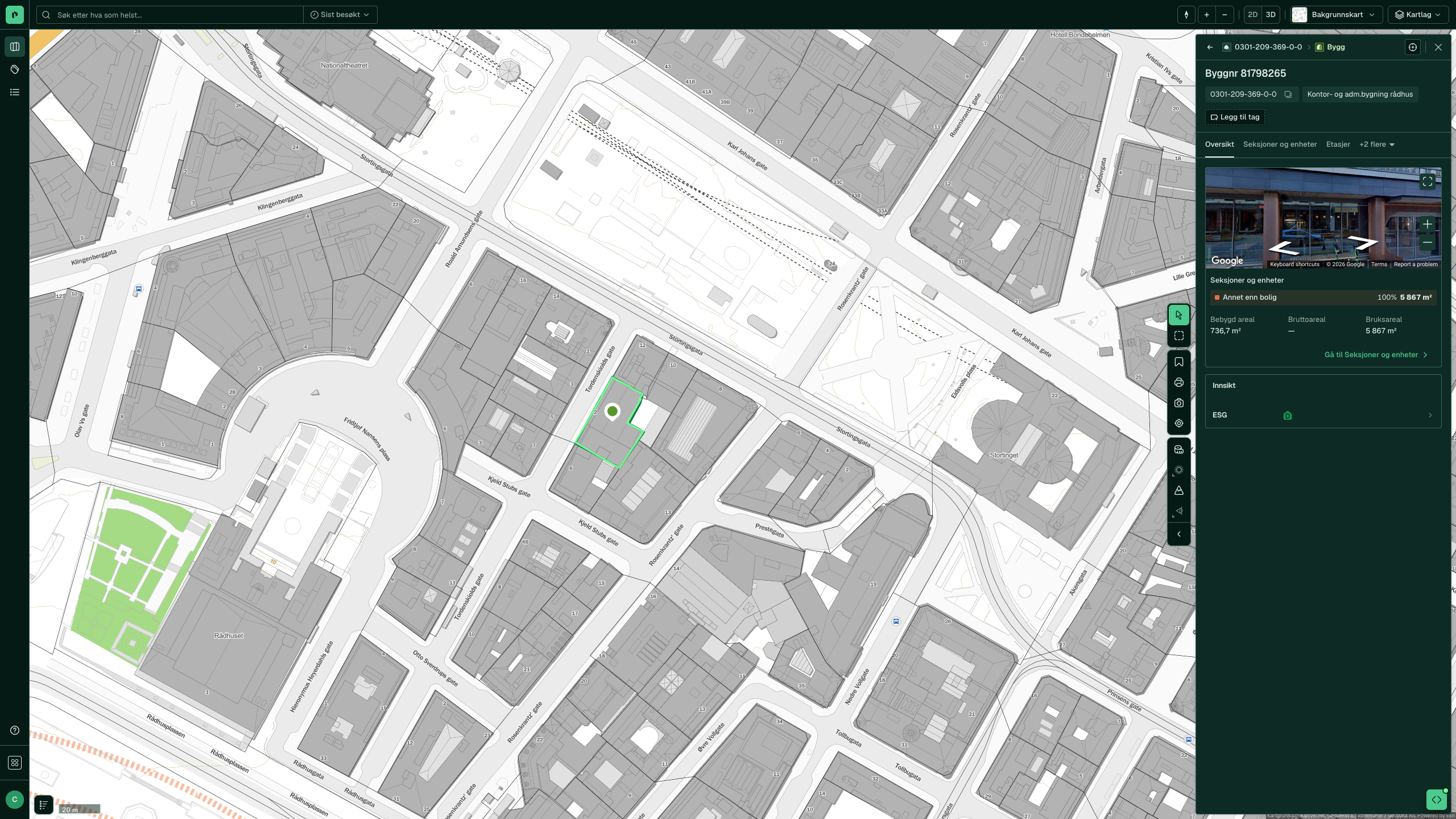 Bygningspanelet for bygget på Tordenskiolds gate 2: kontor- og administrasjonsbygning, 5 867 m² BRA, med fanene Seksjoner og enheter, Bygningsstatuser og ESG