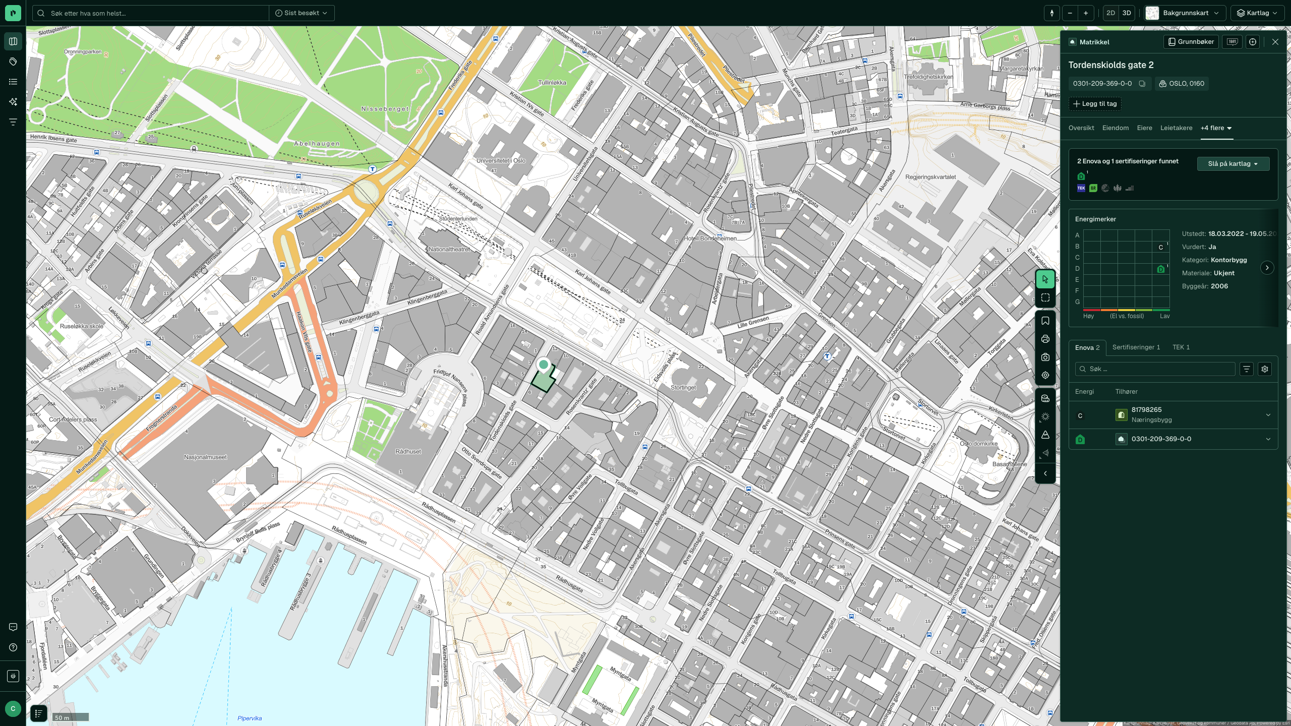 ESG-fanen for Tordenskiolds gate 2 med energikarakter C, utstedt 2022, for et kontorbygg fra 2006