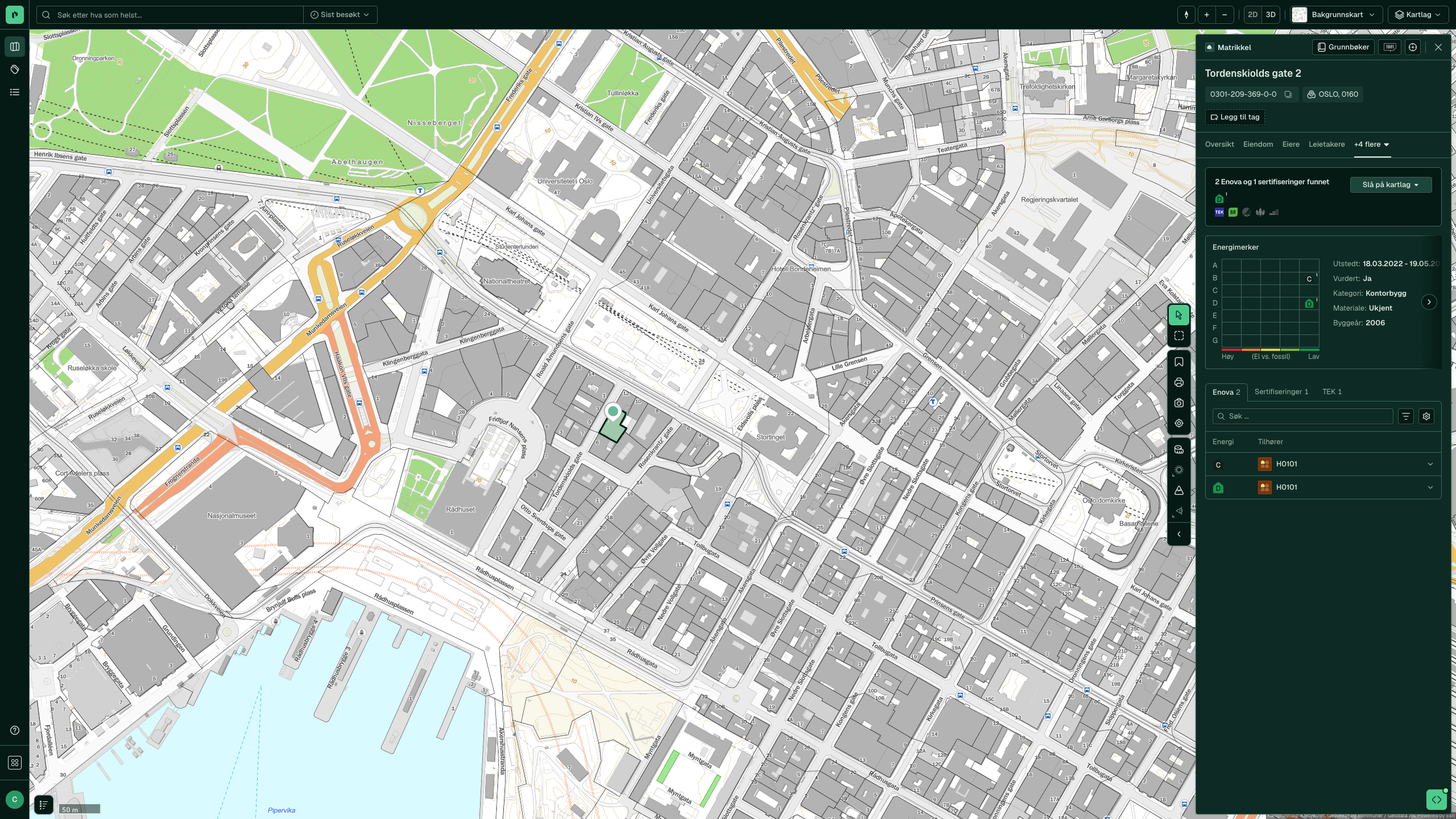 ESG-fanen for Tordenskiolds gate 2 med energikarakter C, utstedt 2022, for et kontorbygg fra 2006