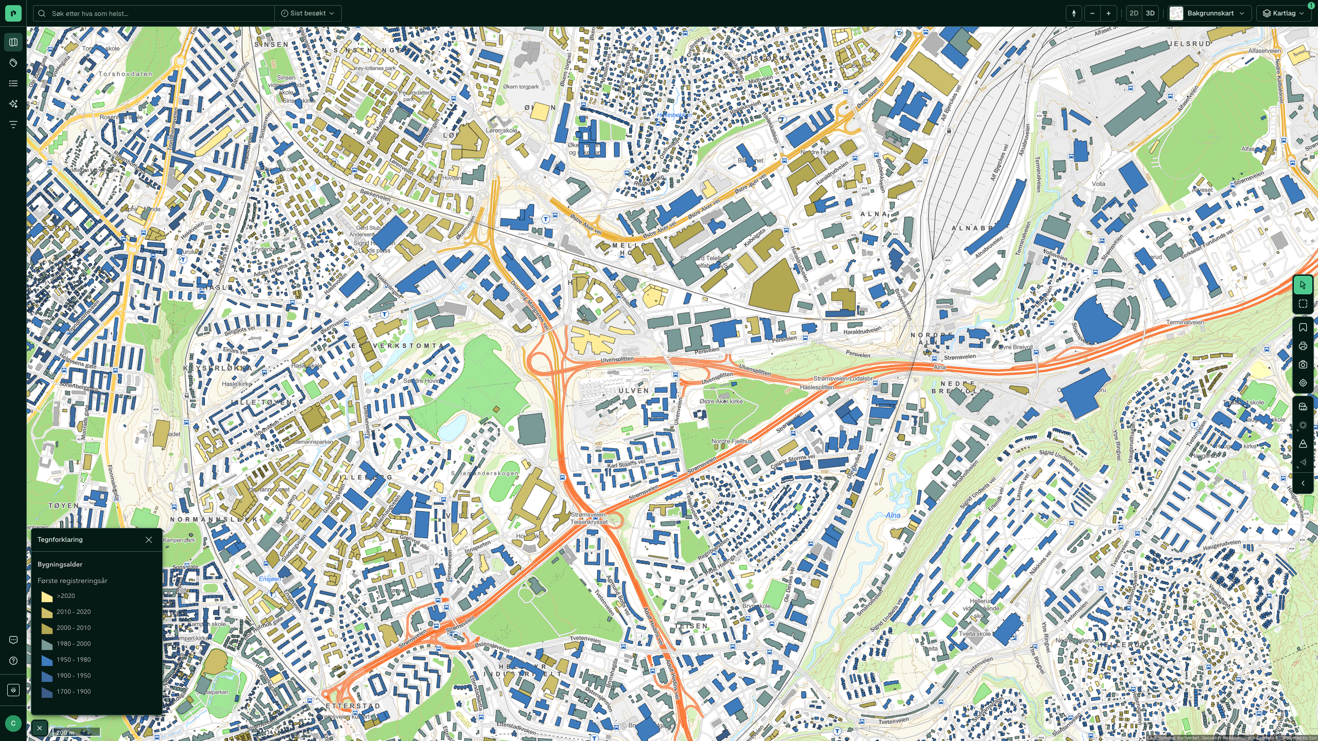 Bygningsalder over Hovinbyen, med byggeår som fargeskala fra gult til blått