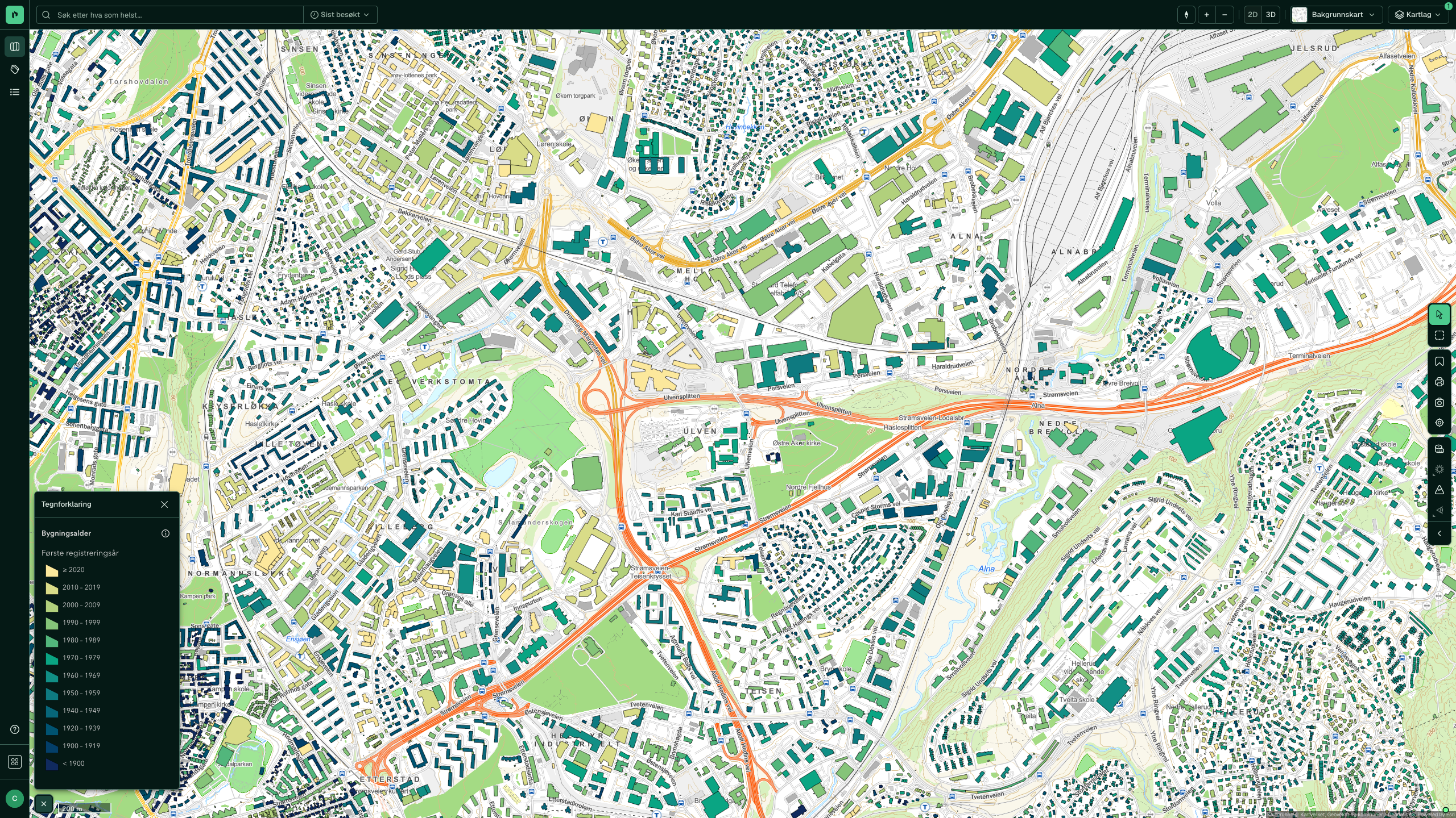 Bygningsalder over Hovinbyen, med byggeår som fargeskala fra gult til blått