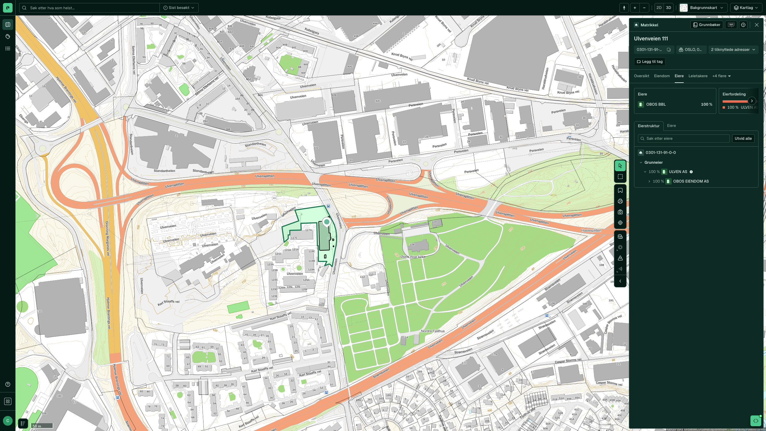 Eiere-fanen for Ulvenveien 111, med eierstrukturen fra matrikkelenheten opp gjennom Ulven AS til OBOS Eiendom AS