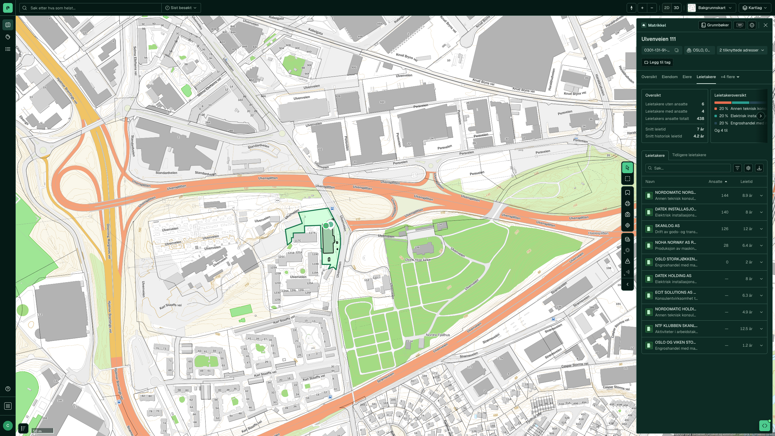 Leietakere-fanen for Ulvenveien 111, med ti leietakere sortert på ansatte og leietid