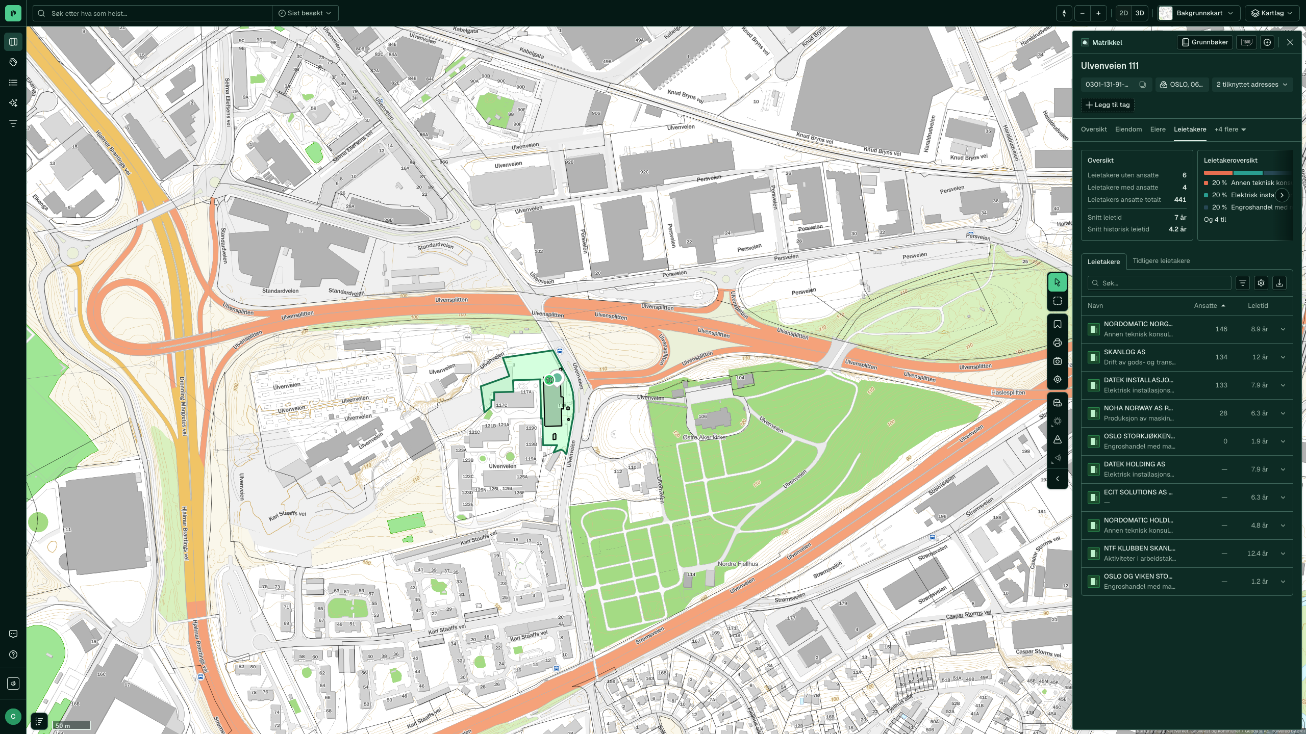 Leietakere-fanen for Ulvenveien 111, med ti leietakere sortert på ansatte og leietid