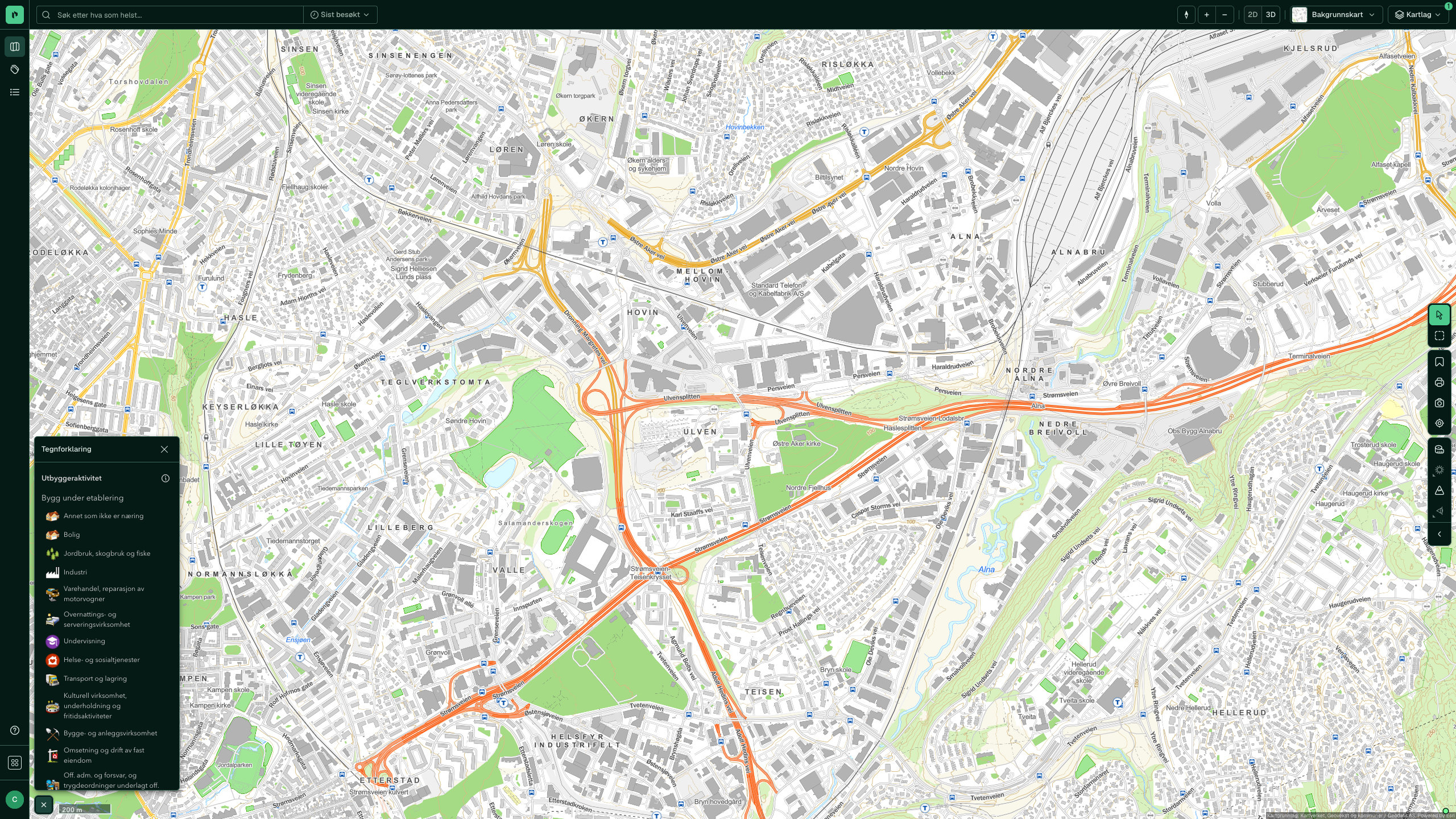 Utbyggeraktivitet over Hovinbyen, med tiltaksflater fra FKB i rødt, gult og turkis, og tegnforklaringen med én farge per tiltakstype