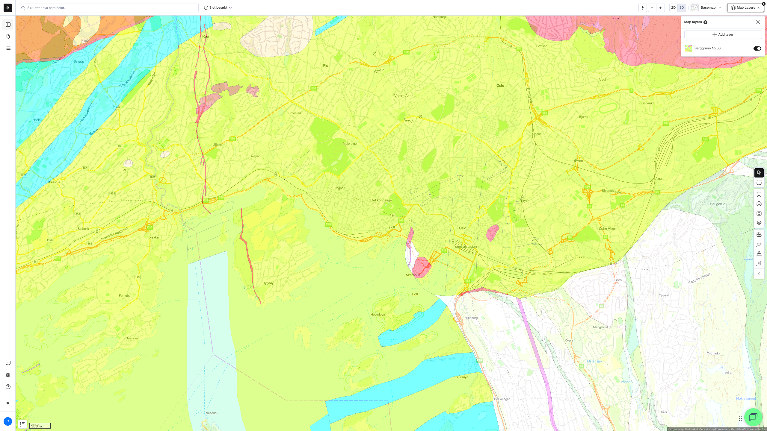 Kartlag Geologi - Berggrunn N250 aktivert over Oslo