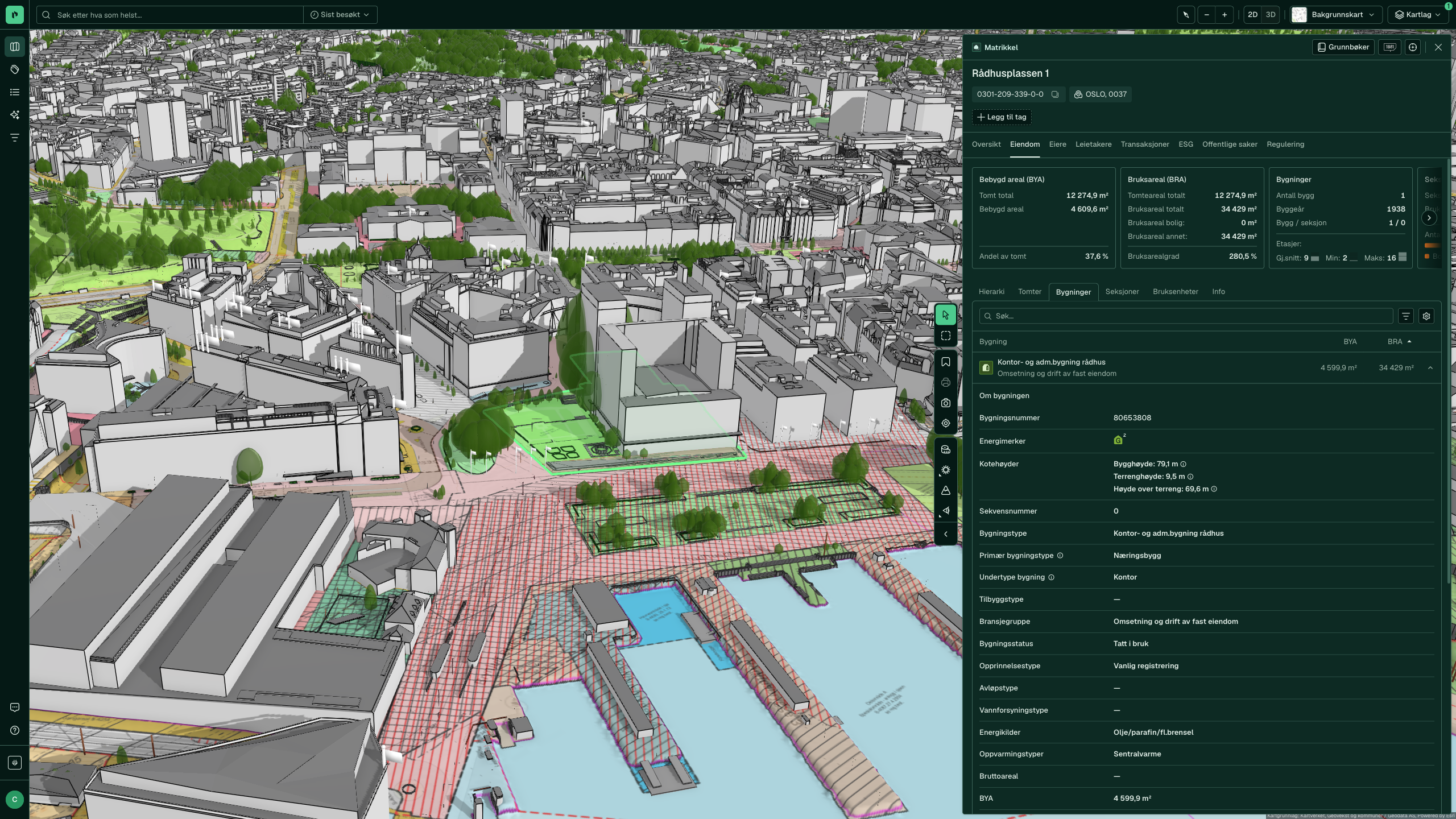 Placepoint Fusion i 3D over Rådhusplassen, med reguleringsplaner og eiendomspanelet