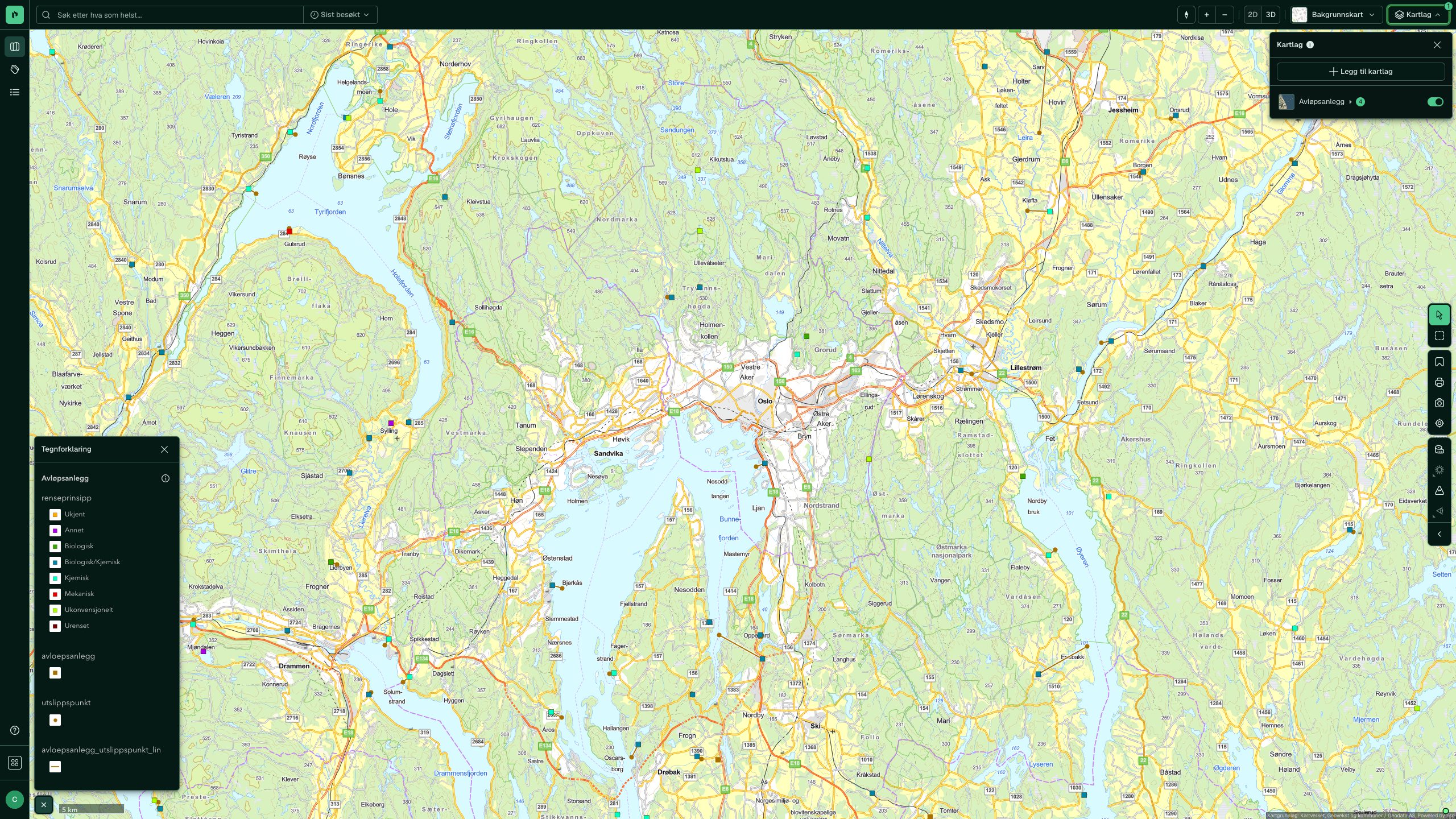 Kartlag Infrastruktur - Avløpsanlegg aktivert over Oslo