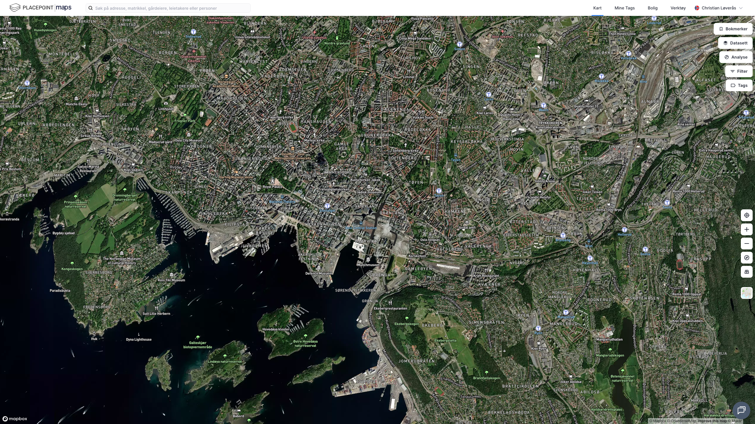Kartet etter innlogging, sentrert på Oslo