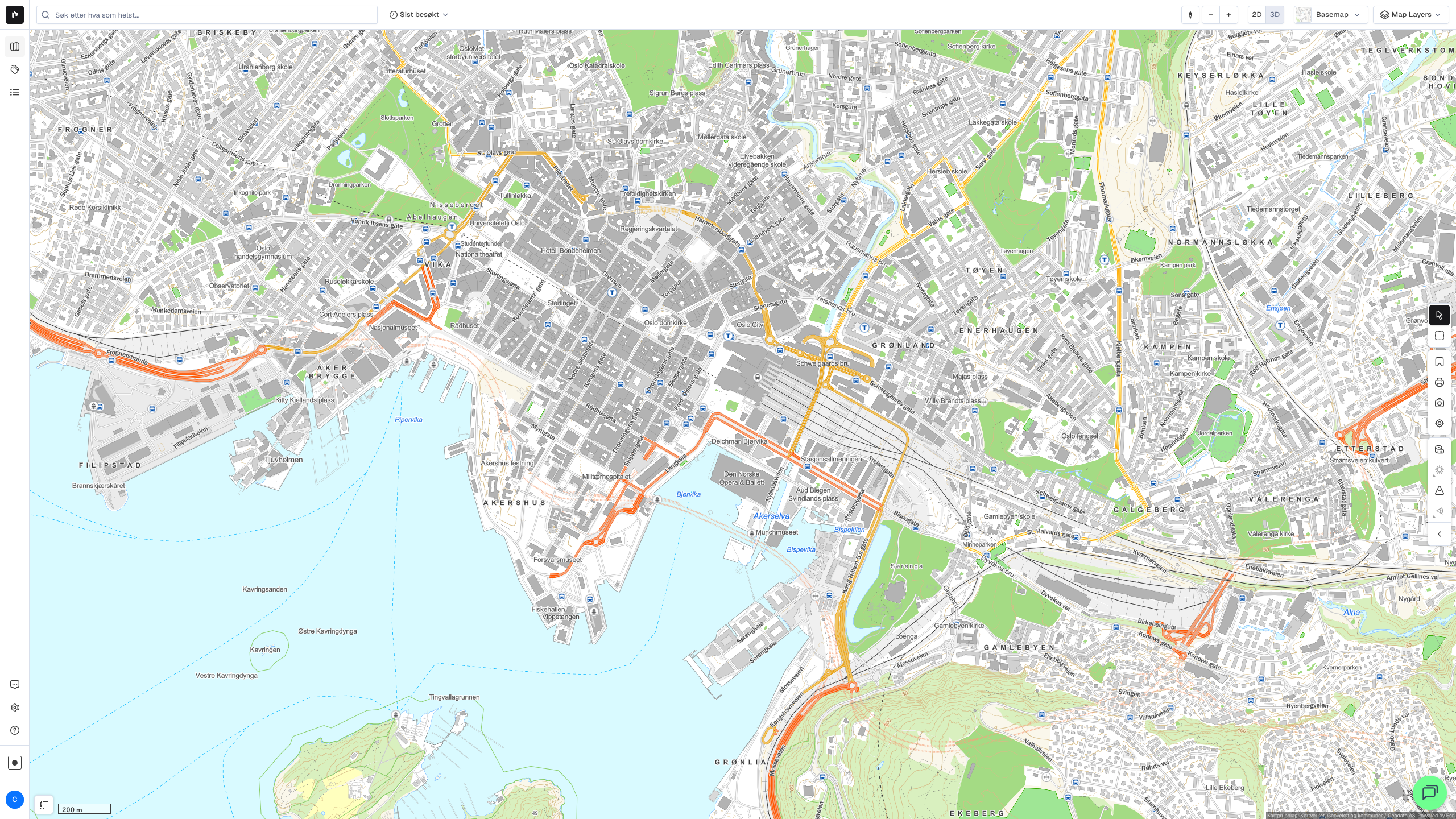 Placepoint 3 kartgrensesnitt over Oslo sentrum