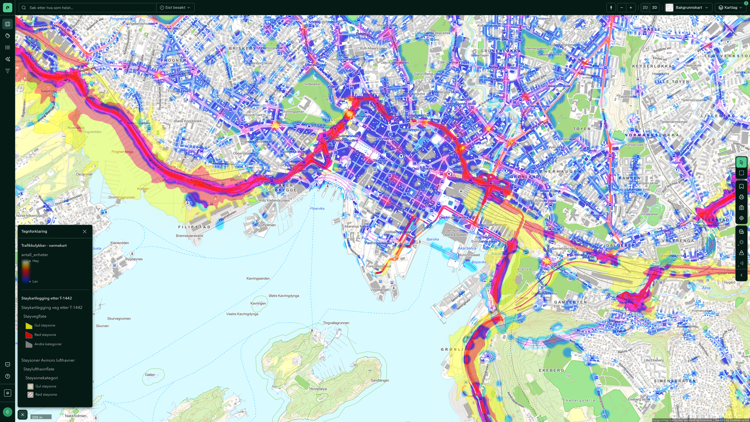Støysoner og trafikkulykke-varmekartet i samme kart over Oslo sentrum