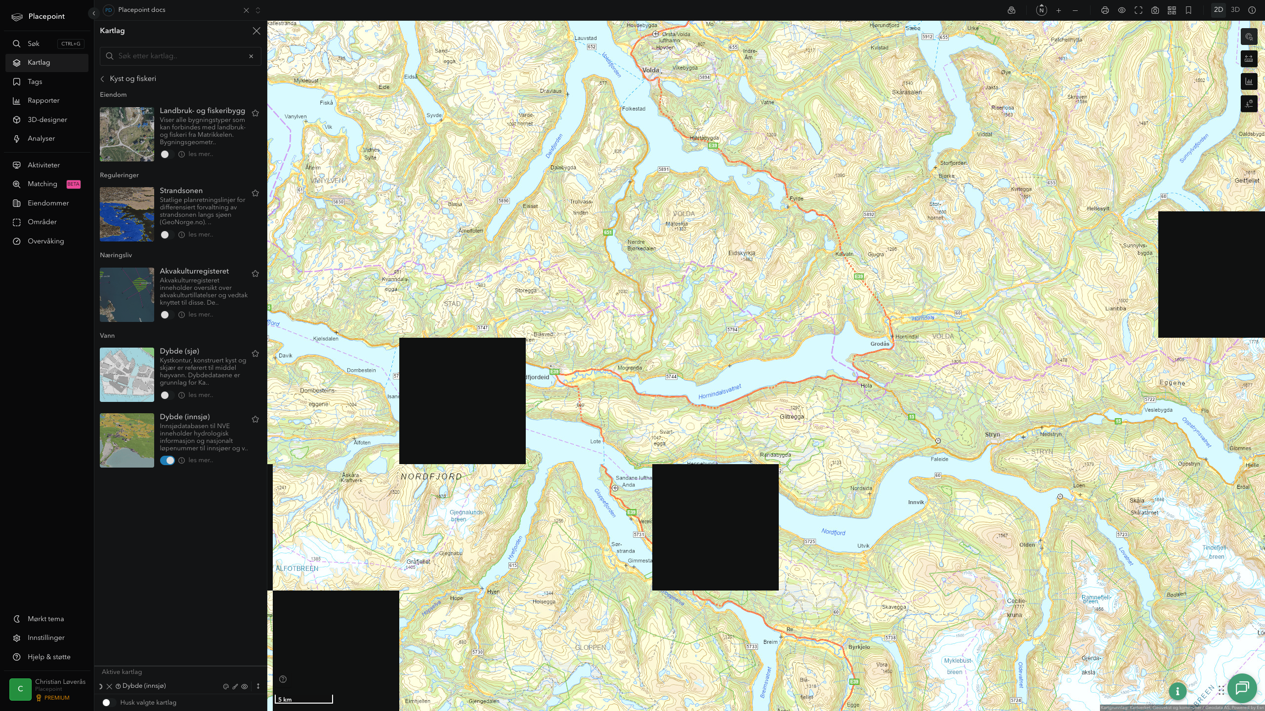 Dybde i innsjø i Placepoint