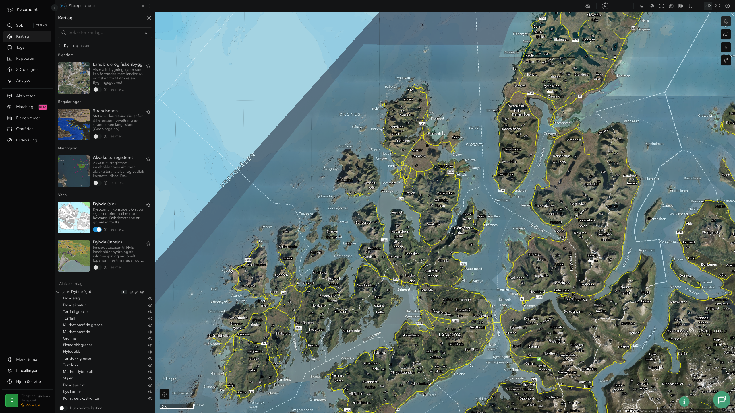 Dybde i sjø i Placepoint