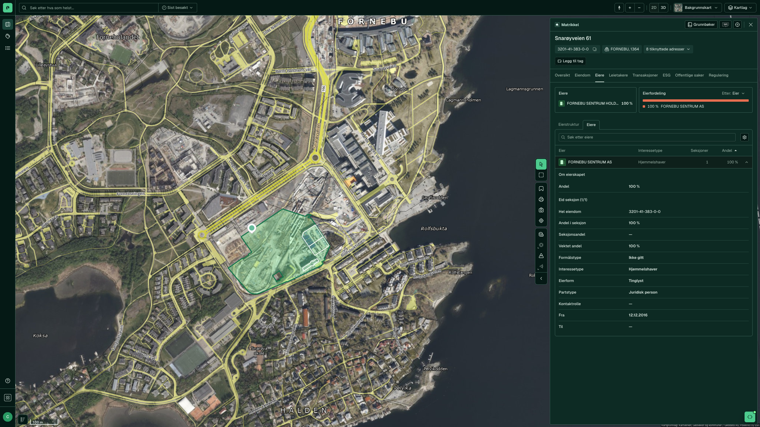 Eiendomspanelet for Fornebu Sentrum med Eiere-fanen åpen og detaljene for Fornebu Sentrum AS utvidet