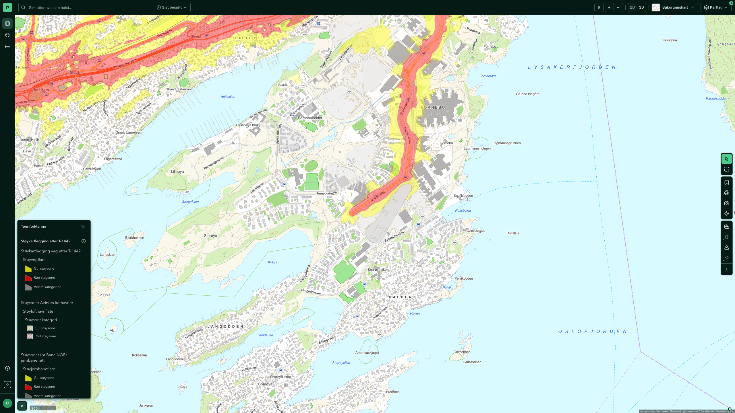 Støysoner etter T-1442 langs Snarøyveien på Fornebu