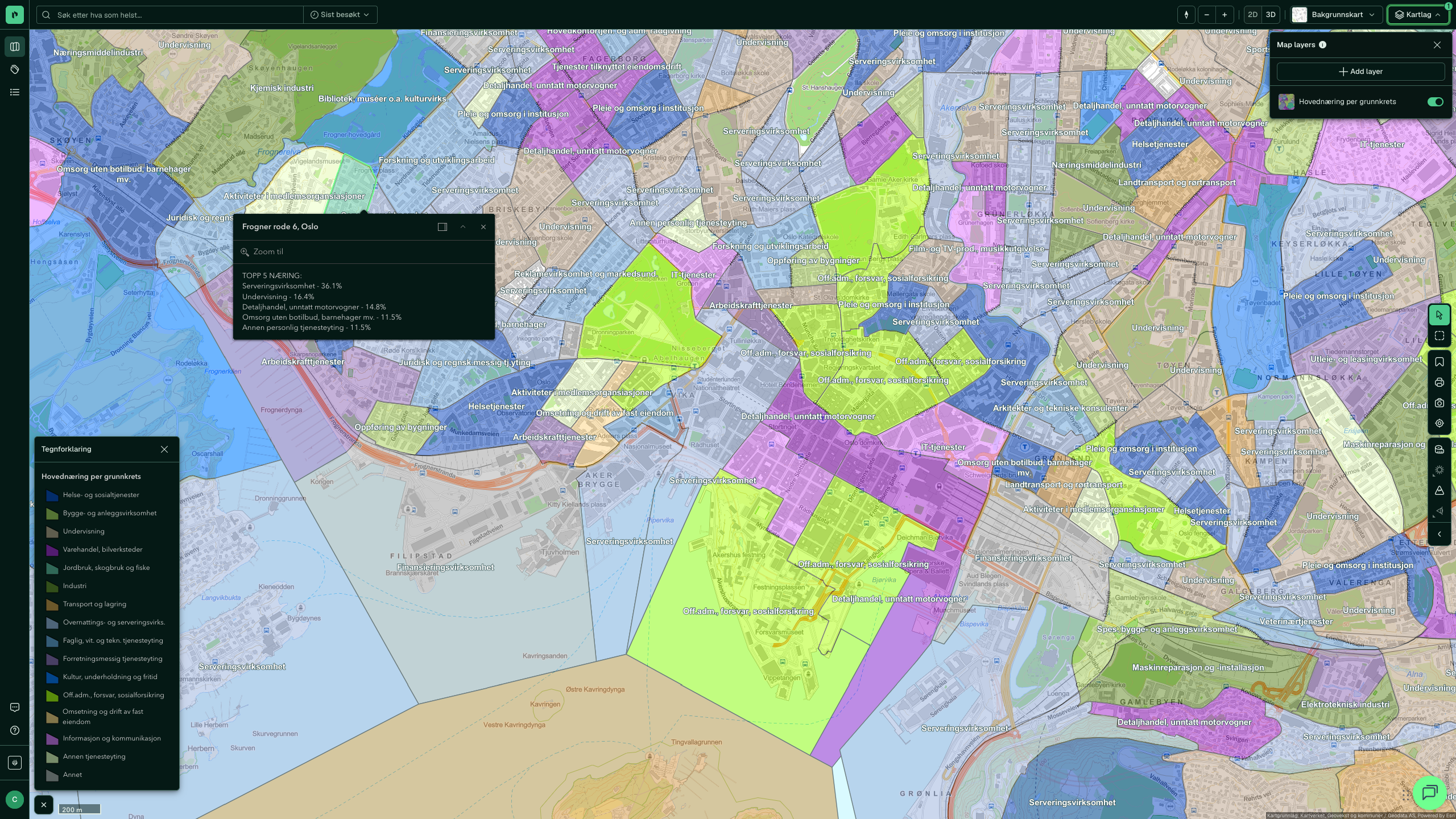 Hovednæring per grunnkrets: klikk i kartet