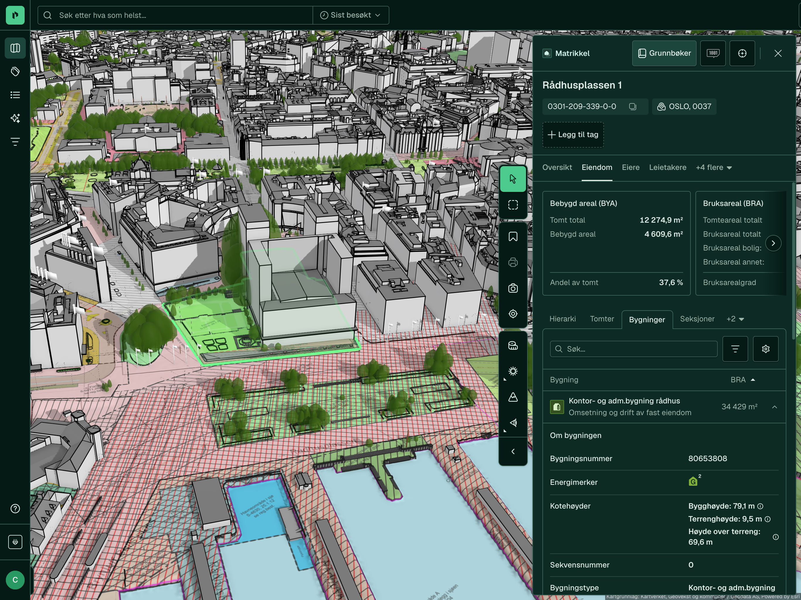3D-kartet på iPad: Rådhuset og Pipervika med reguleringsplaner, eiendomspanelet åpent