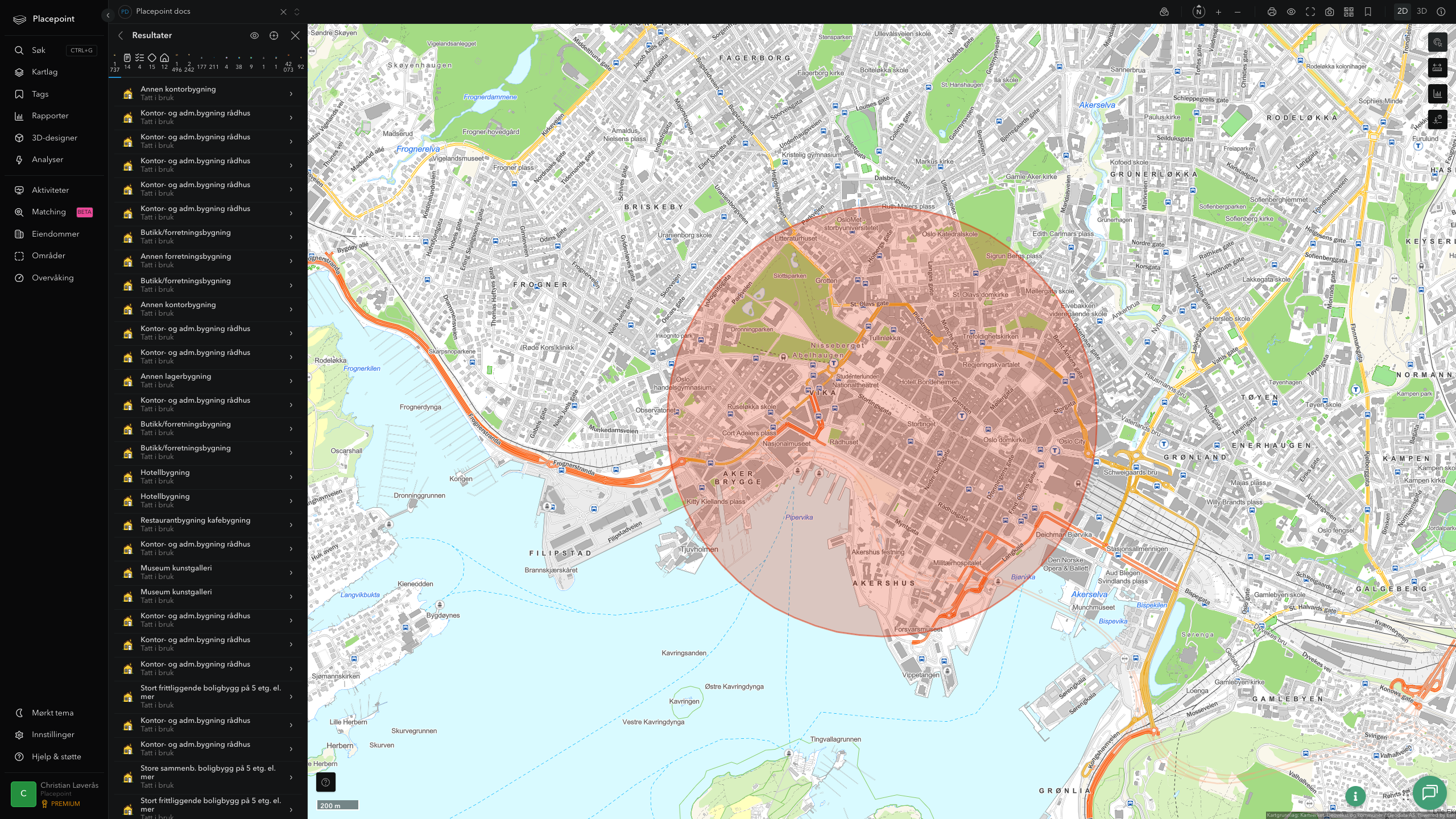 Punktsøk med 1 000 meter radius rundt Tordenskiolds gate 2