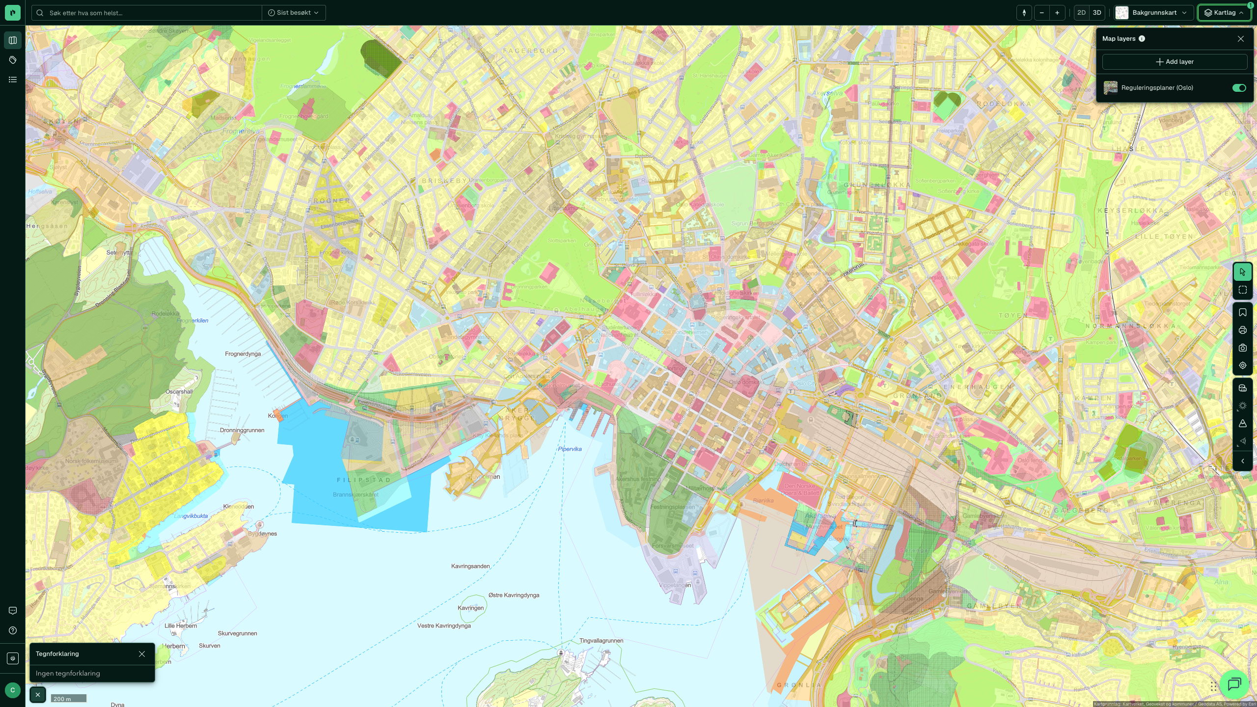 Kartlaget Reguleringsplaner (Oslo) aktivert, med Plan- og bygningsetatens egne arealformål