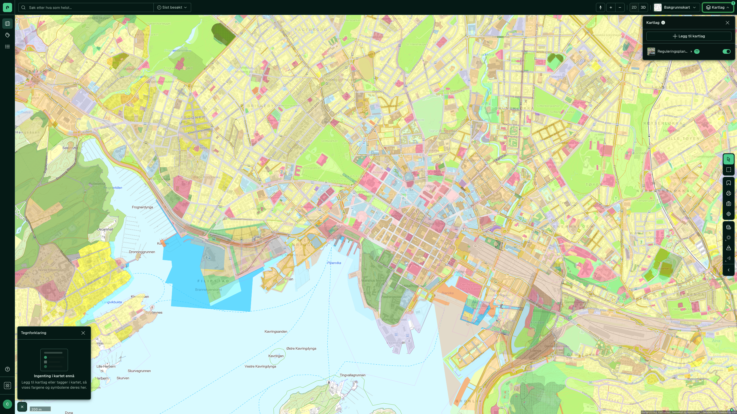 Kartlaget Reguleringsplaner (Oslo) aktivert, med Plan- og bygningsetatens egne arealformål