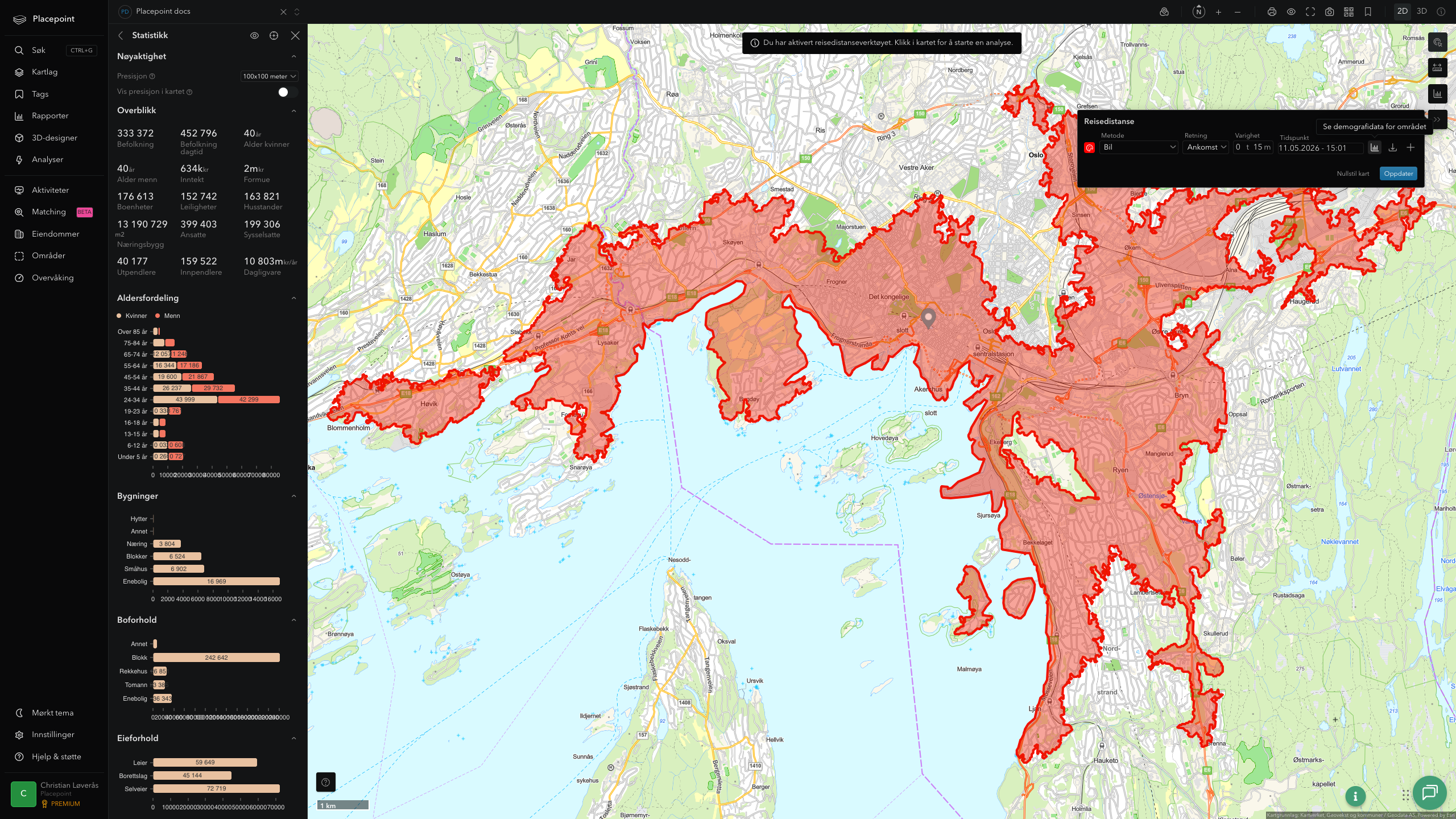 Reisedistanse 15 minutter bil med demografi-overlapp