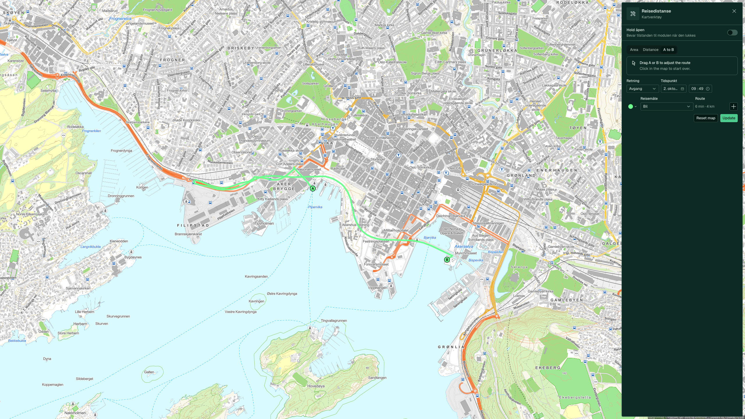 A to B: rute fra Aker brygge til Bjørvika med bil, 6 minutter og 4 km
